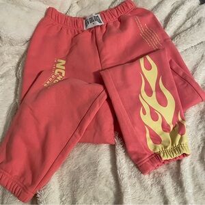 Zumiez Pink and Yellow Flame Joggers Sweatpants New Girl Order Trendy Skater
